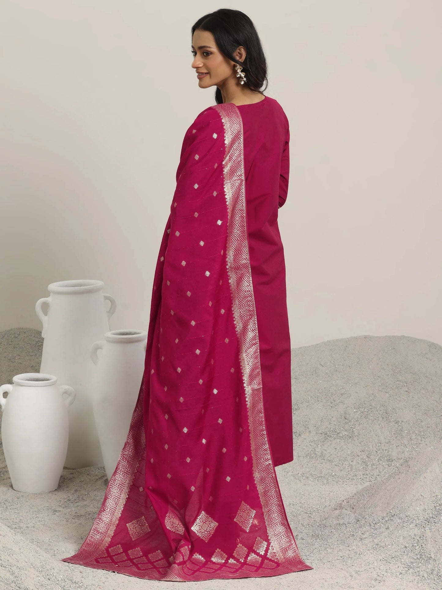 Pink Solid Silk Blend Straight Suit With Dupatta