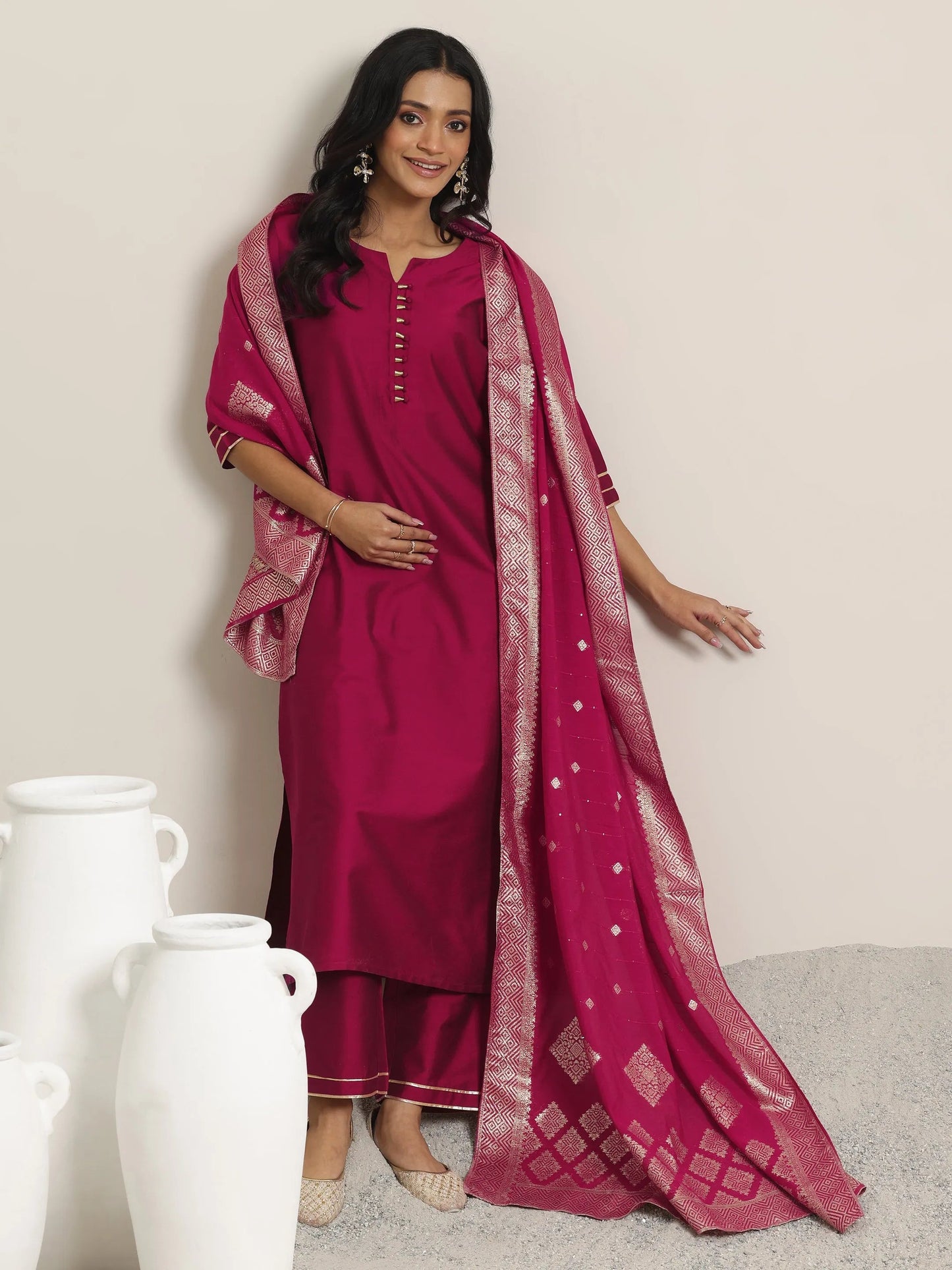 Pink Solid Silk Blend Straight Suit With Dupatta