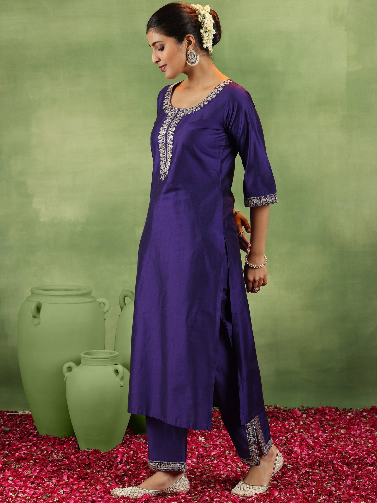 Purple Yoke Design Silk Blend Straight Suit With Dupatta