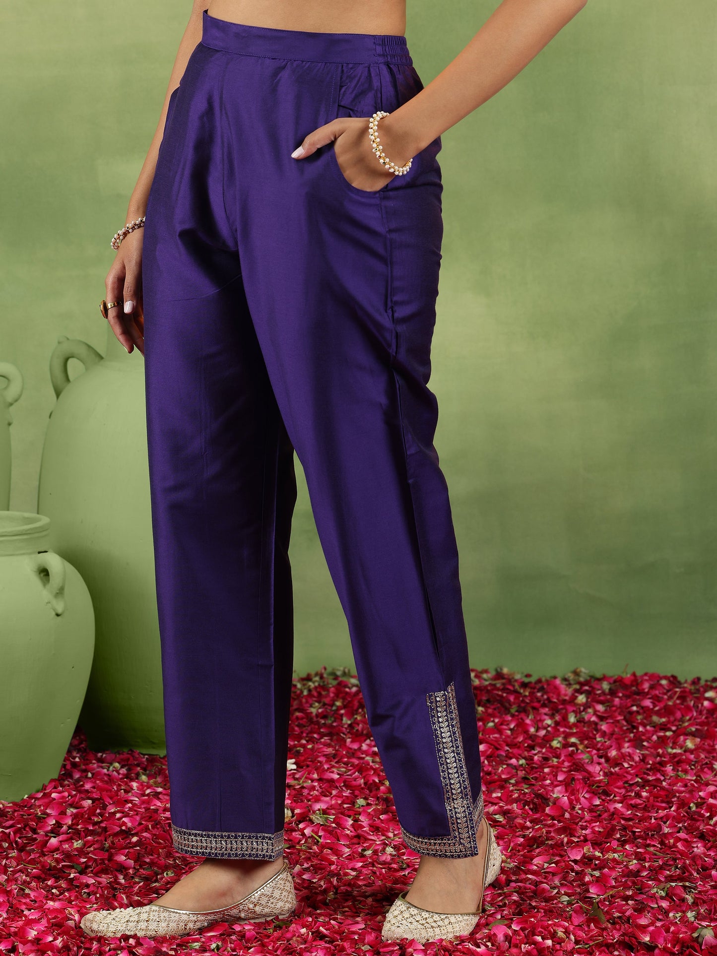 Purple Yoke Design Silk Blend Straight Suit With Dupatta