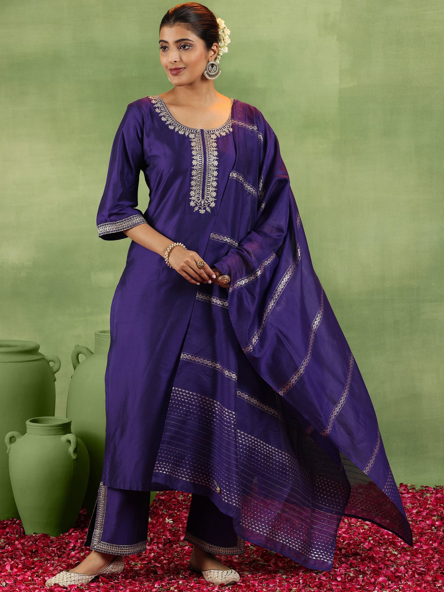 Purple Yoke Design Silk Blend Straight Suit With Dupatta