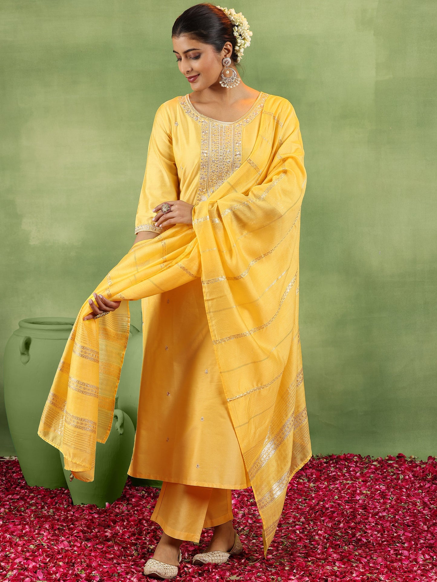 Yellow Embroidered Silk Blend Straight Suit With Dupatta