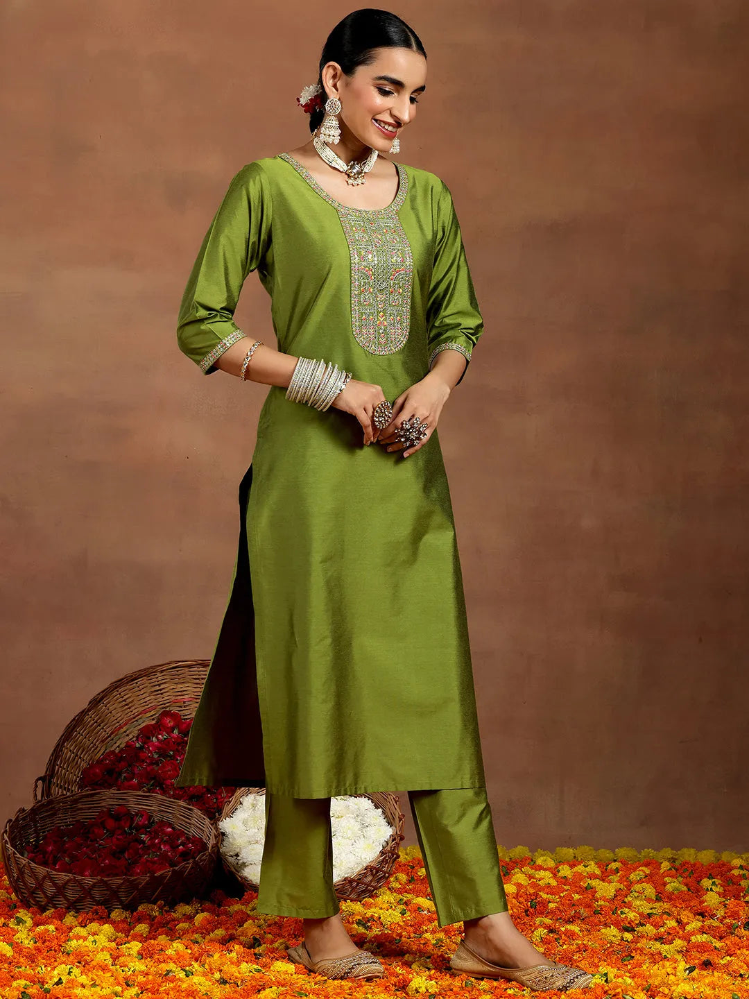 Green Yoke Design Silk Blend Straight Suit With Dupatta
