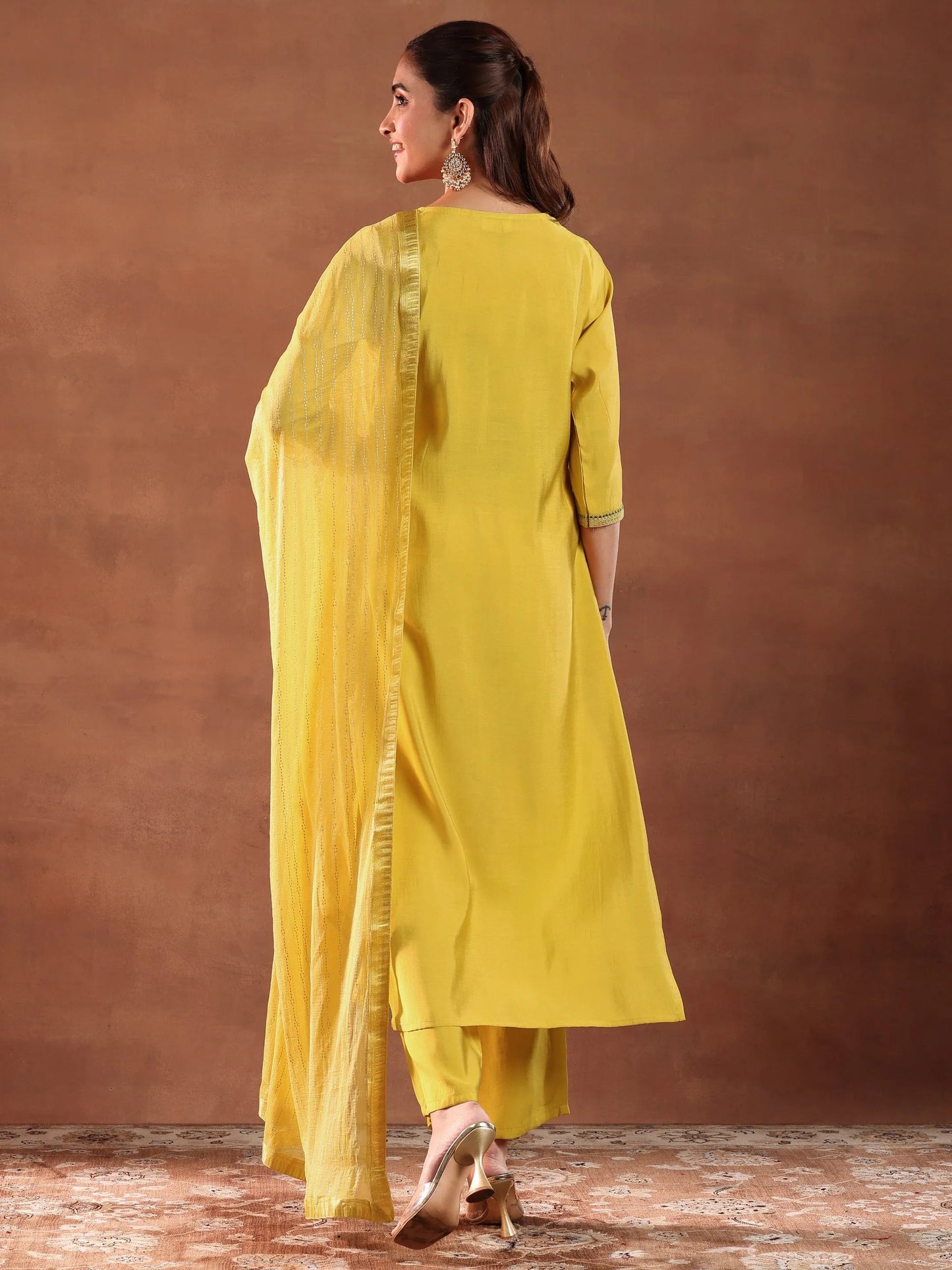Yellow Yoke Design Silk Blend Straight Suit With Dupatta