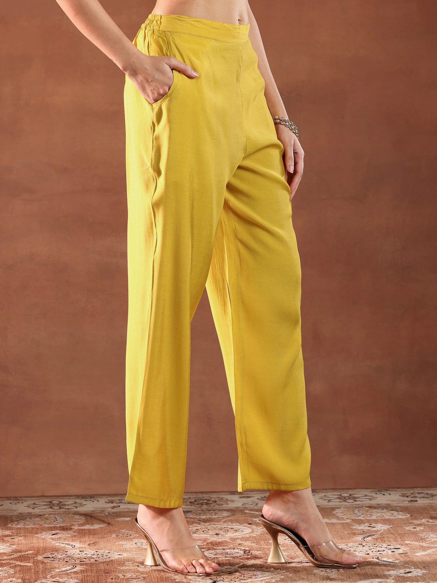 Yellow Yoke Design Silk Blend Straight Suit With Dupatta