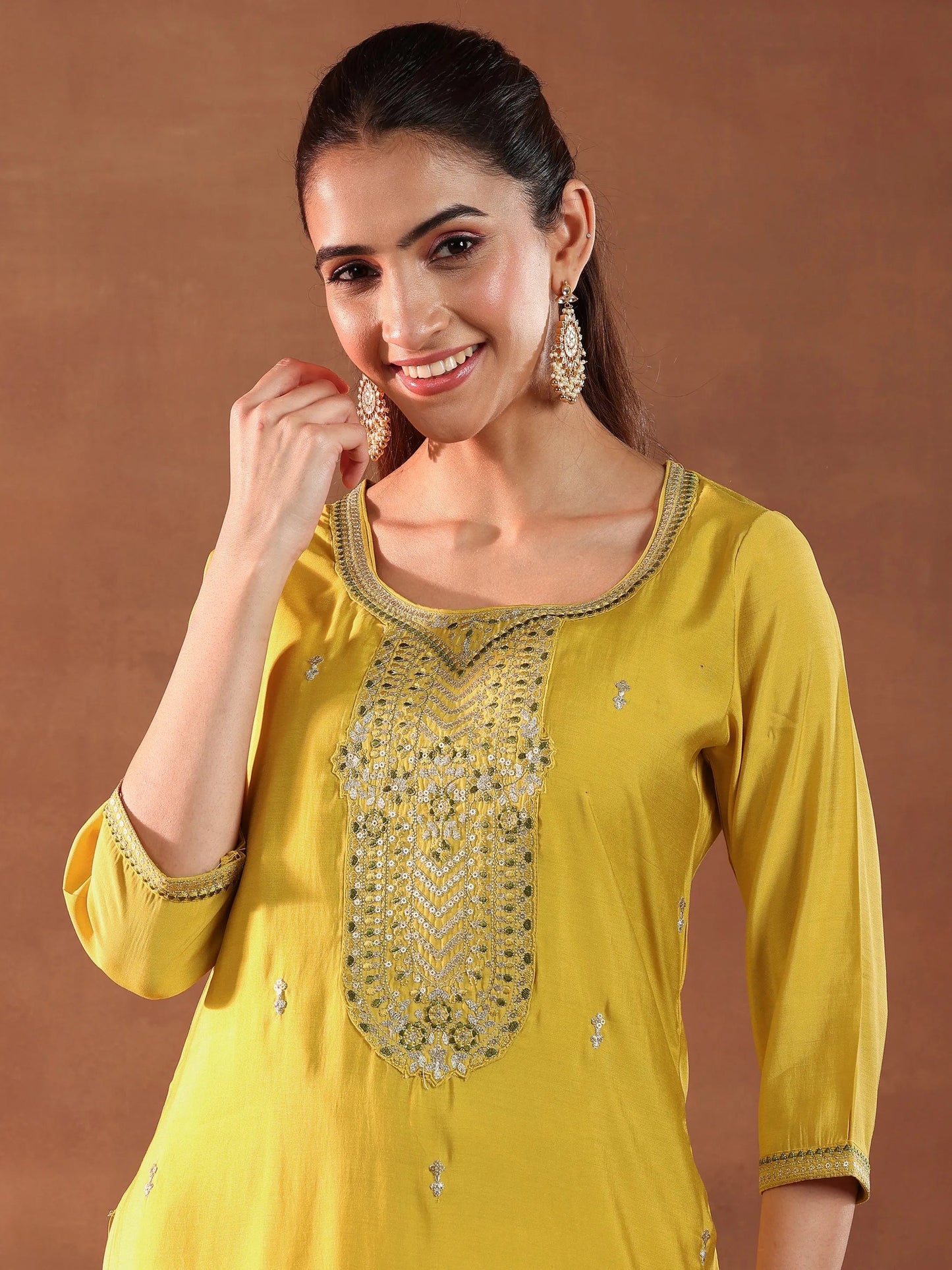 Yellow Yoke Design Silk Blend Straight Suit With Dupatta