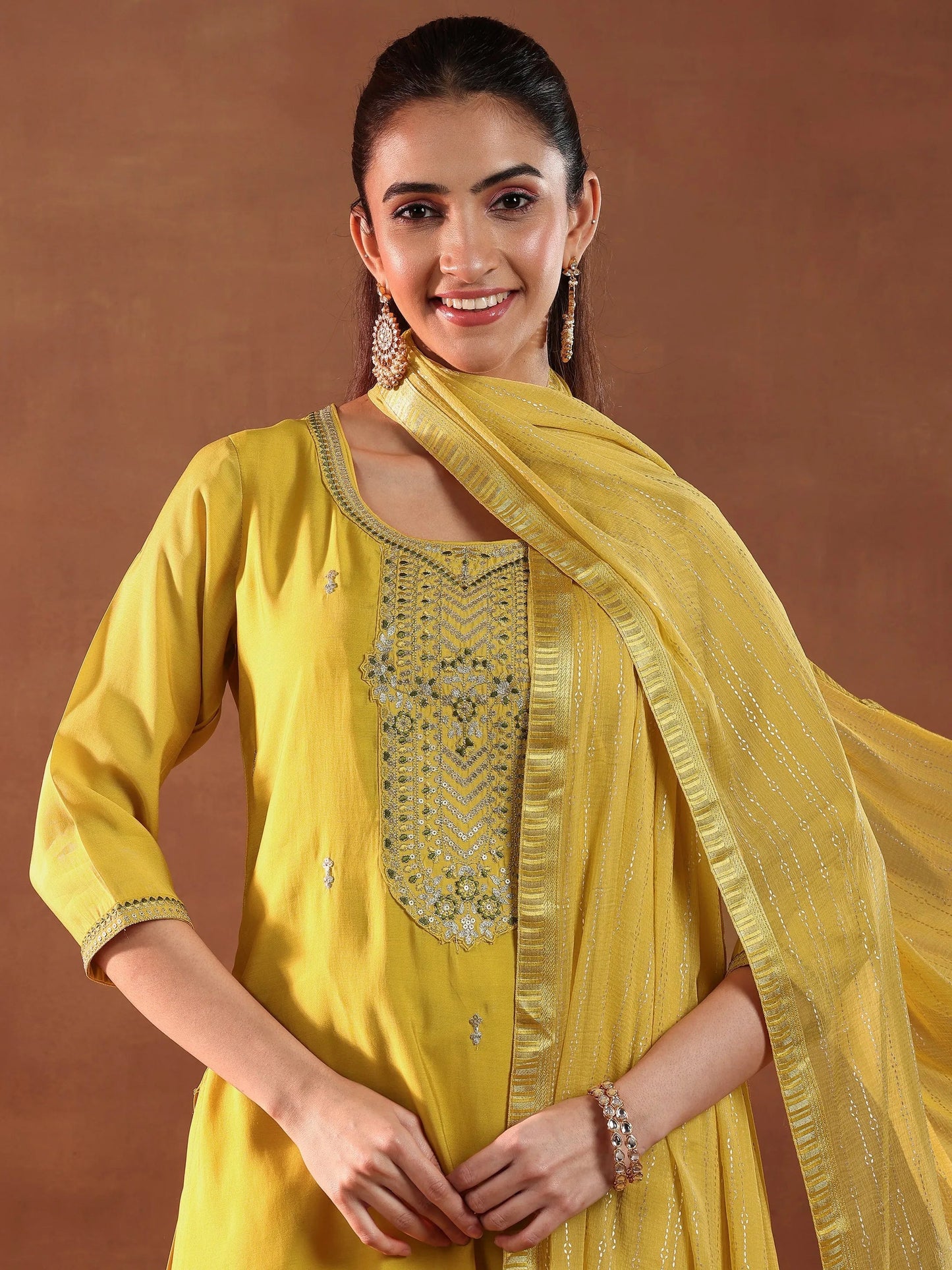 Yellow Yoke Design Silk Blend Straight Suit With Dupatta