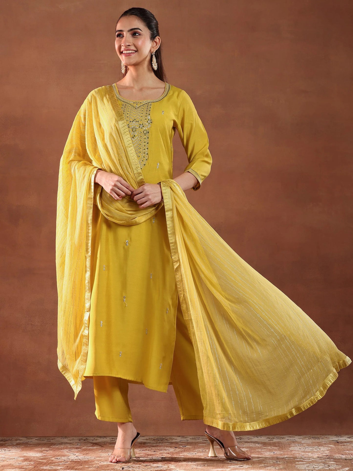 Yellow Yoke Design Silk Blend Straight Suit With Dupatta
