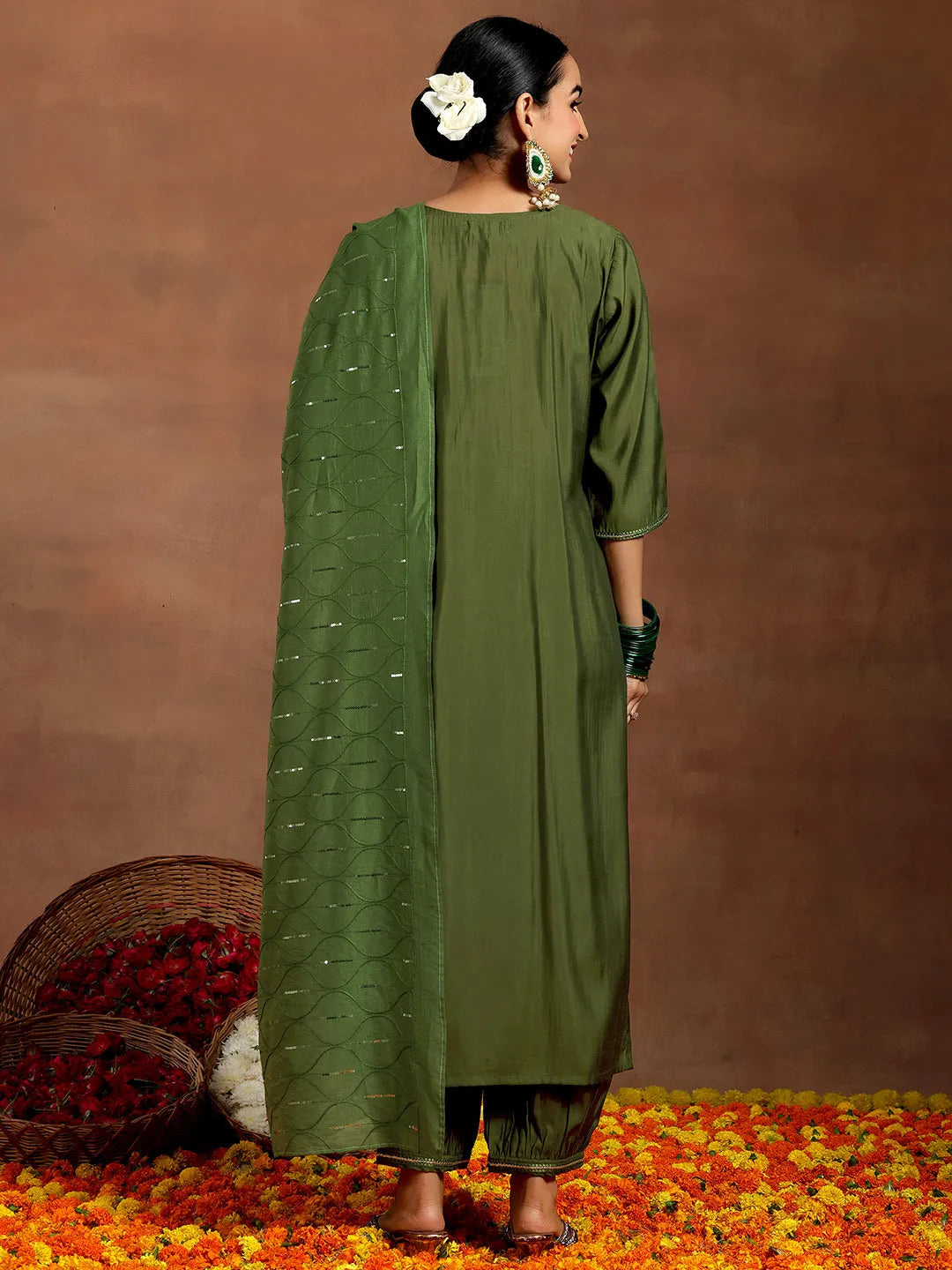 Olive Embroidered Silk Blend Straight Suit With Dupatta
