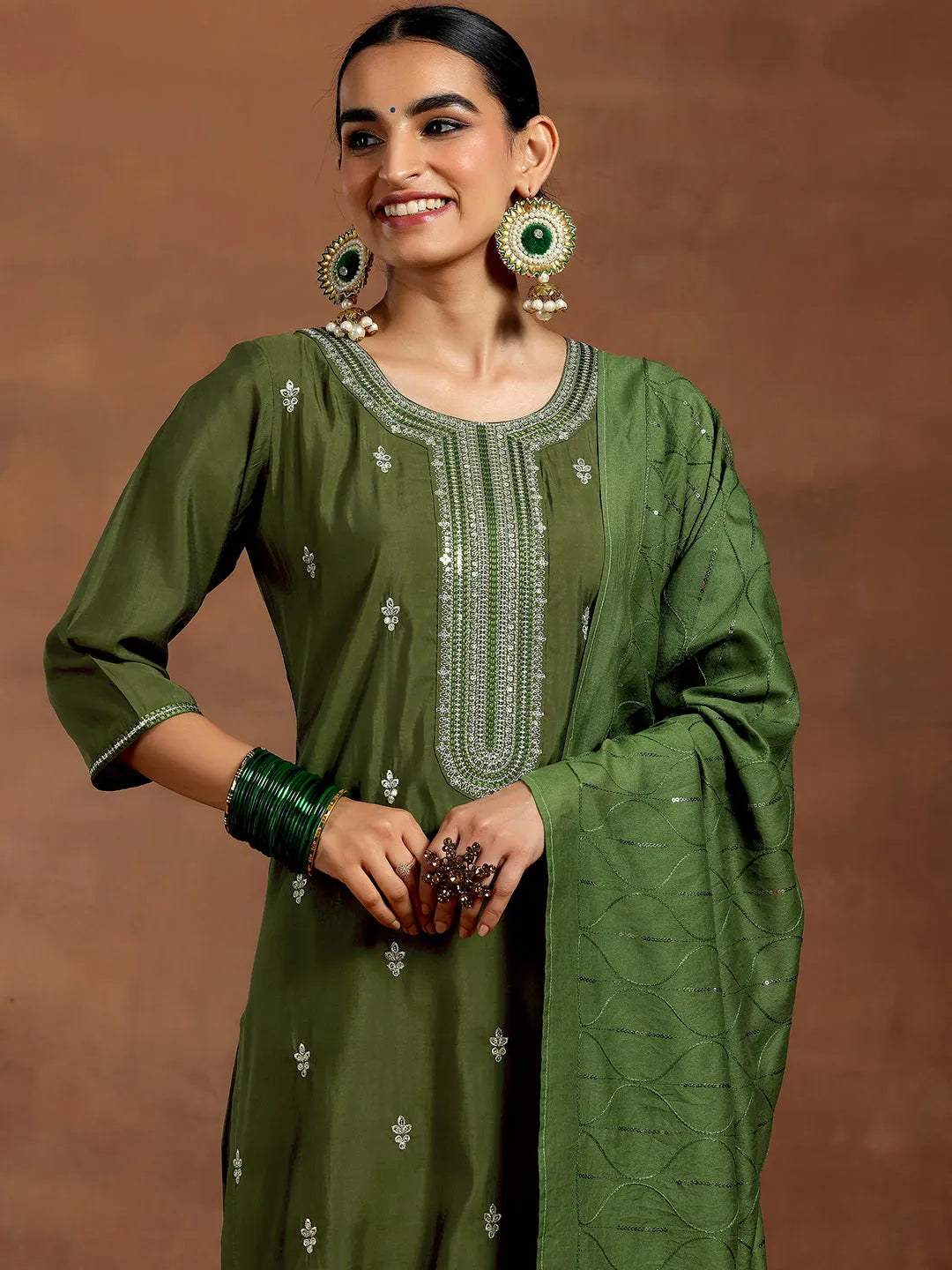 Olive Embroidered Silk Blend Straight Suit With Dupatta