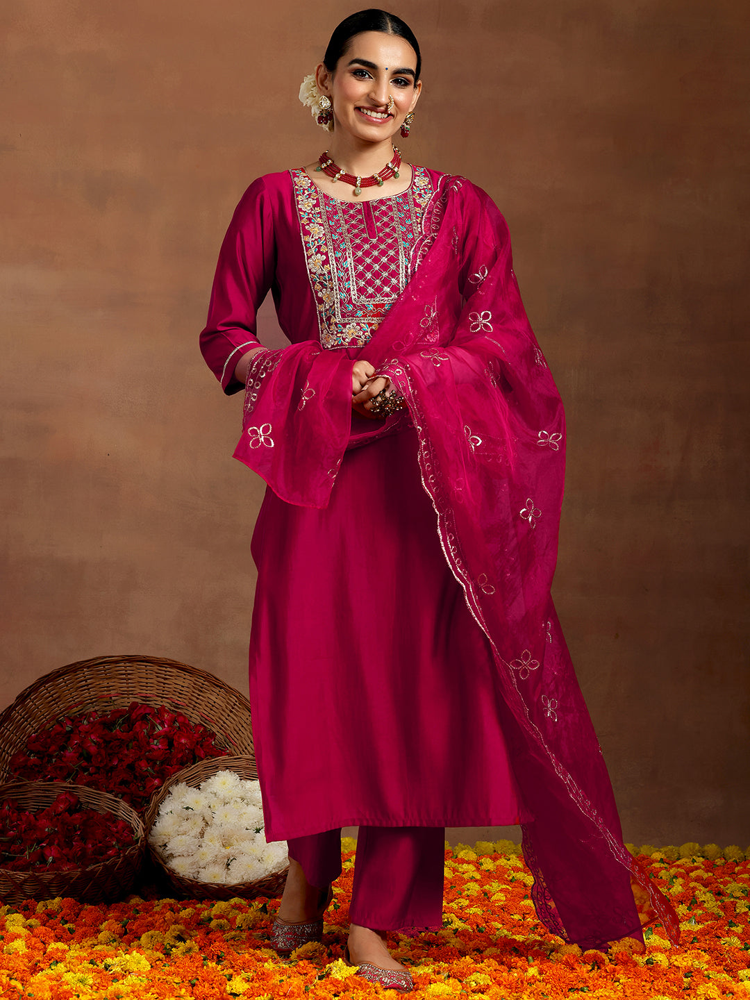 Pink Yoke Design Silk Blend Straight Suit With Dupatta