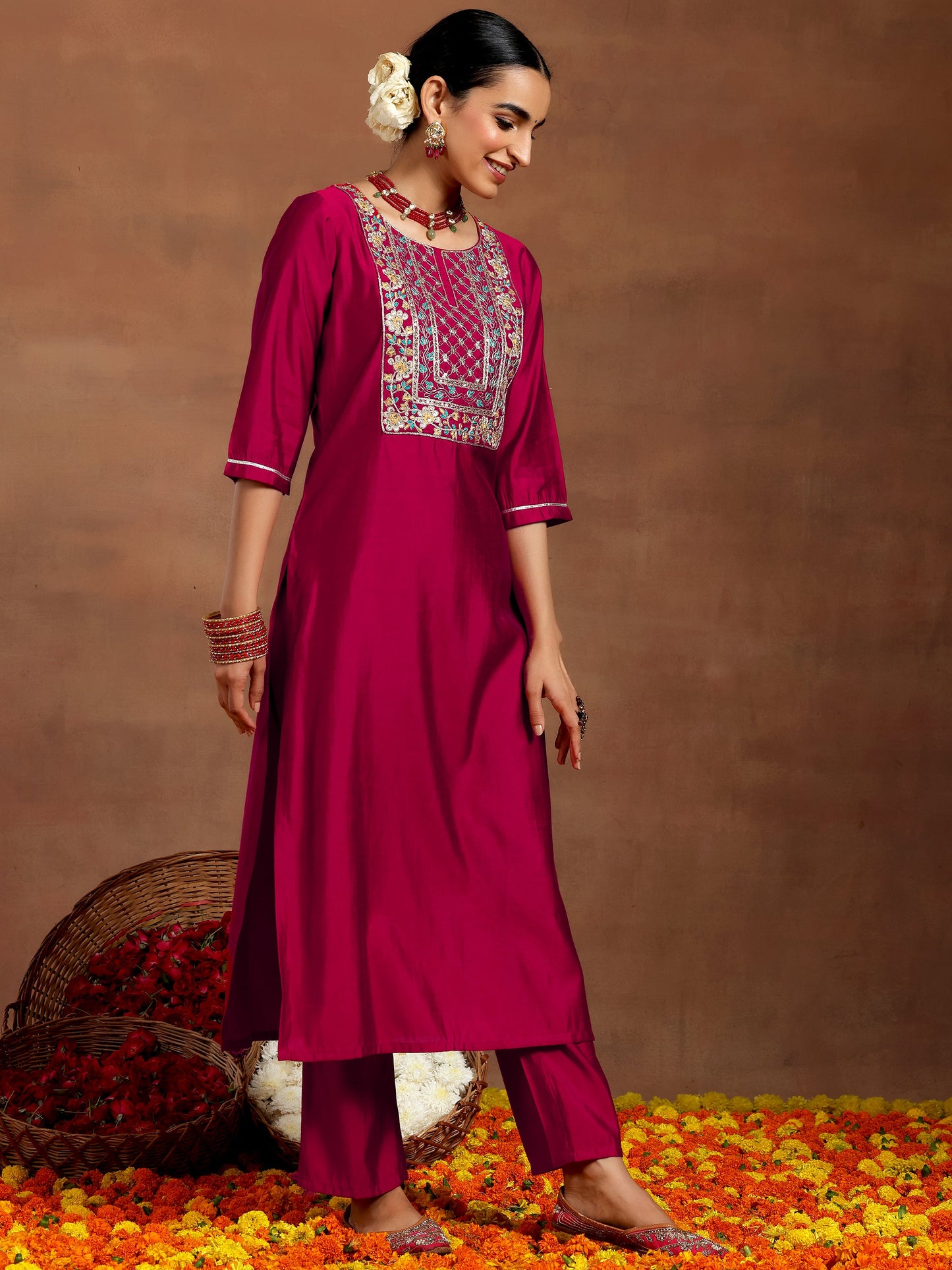 Pink Yoke Design Silk Blend Straight Suit With Dupatta