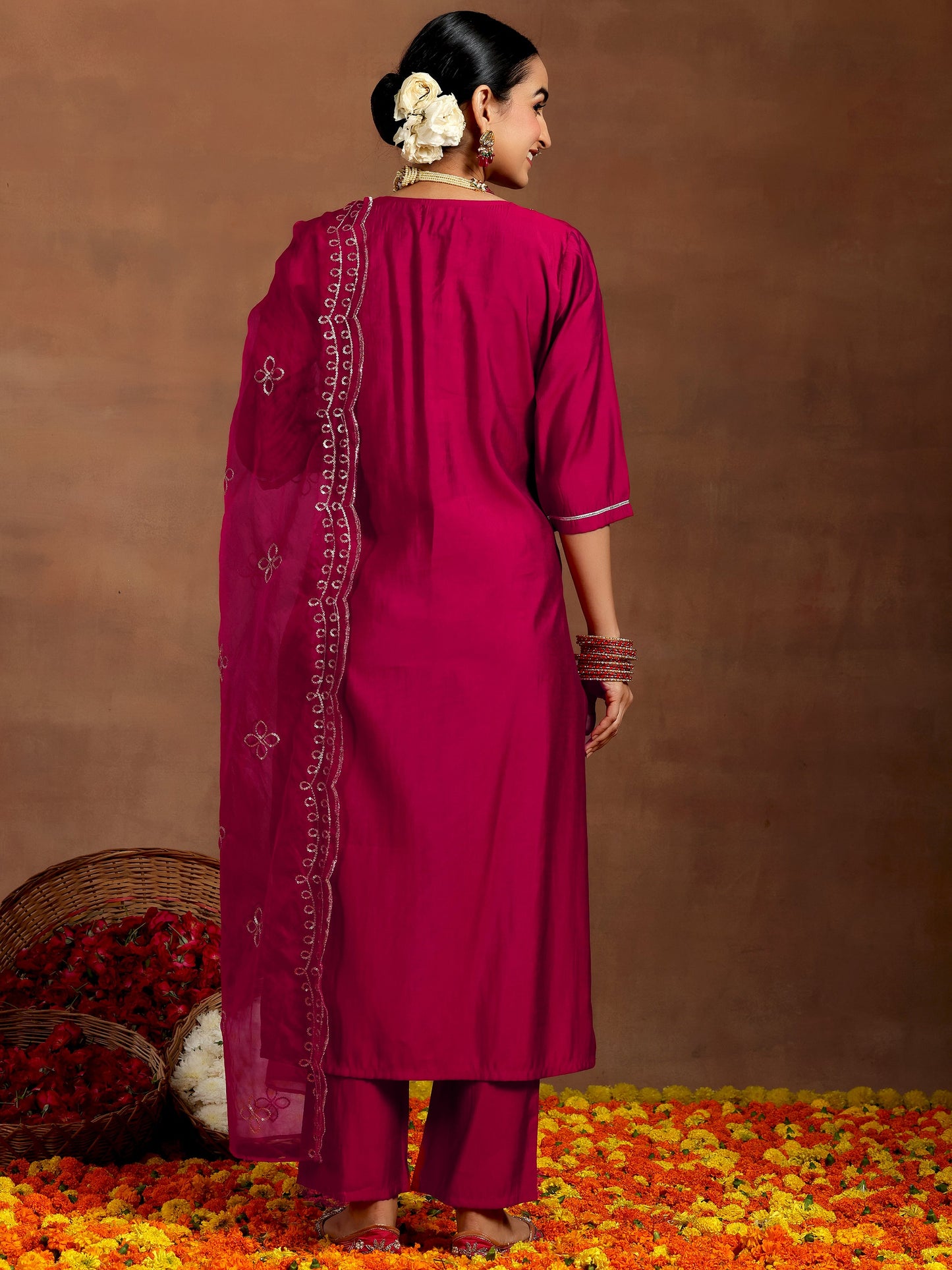 Pink Yoke Design Silk Blend Straight Suit With Dupatta