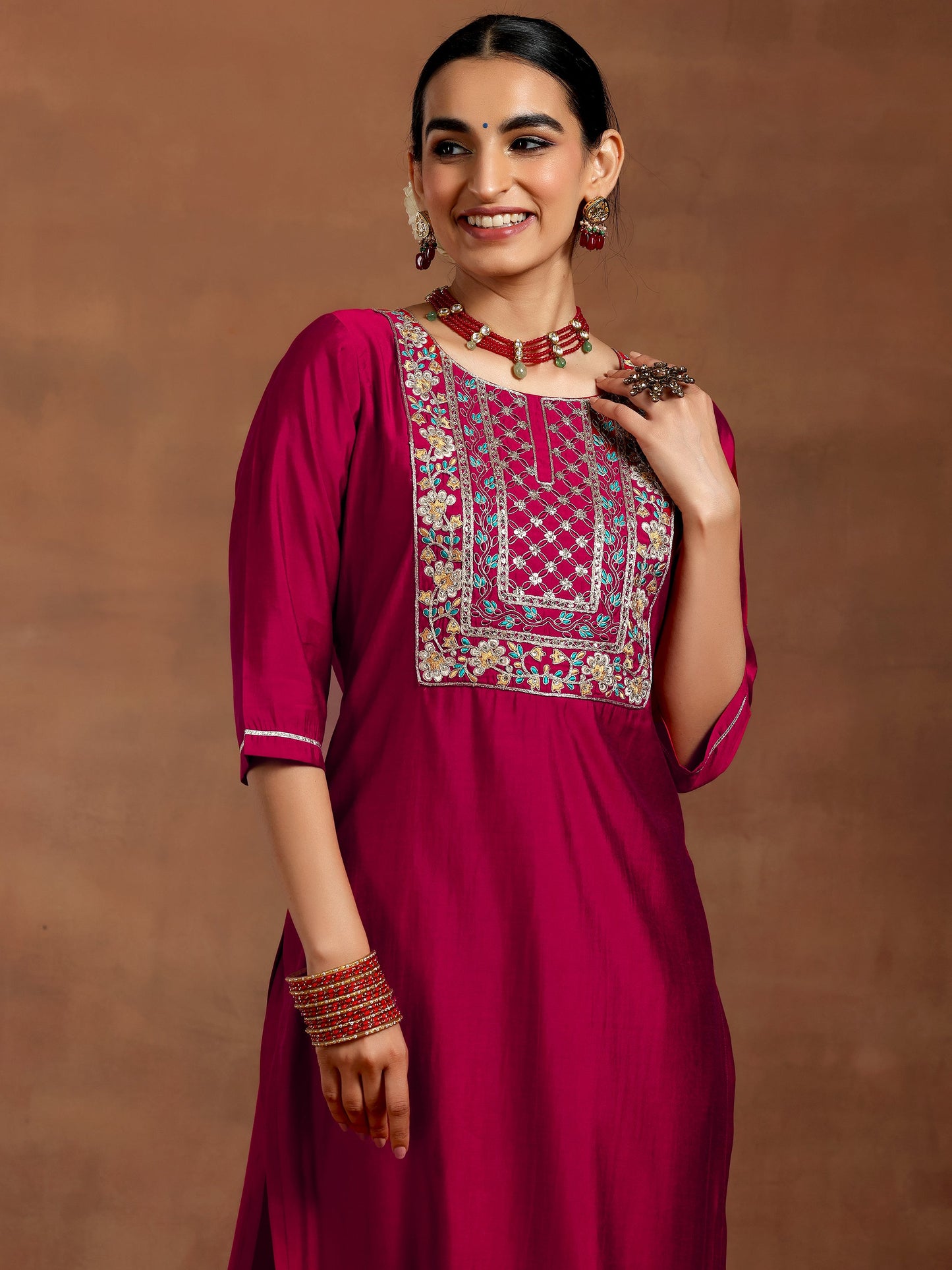 Pink Yoke Design Silk Blend Straight Suit With Dupatta