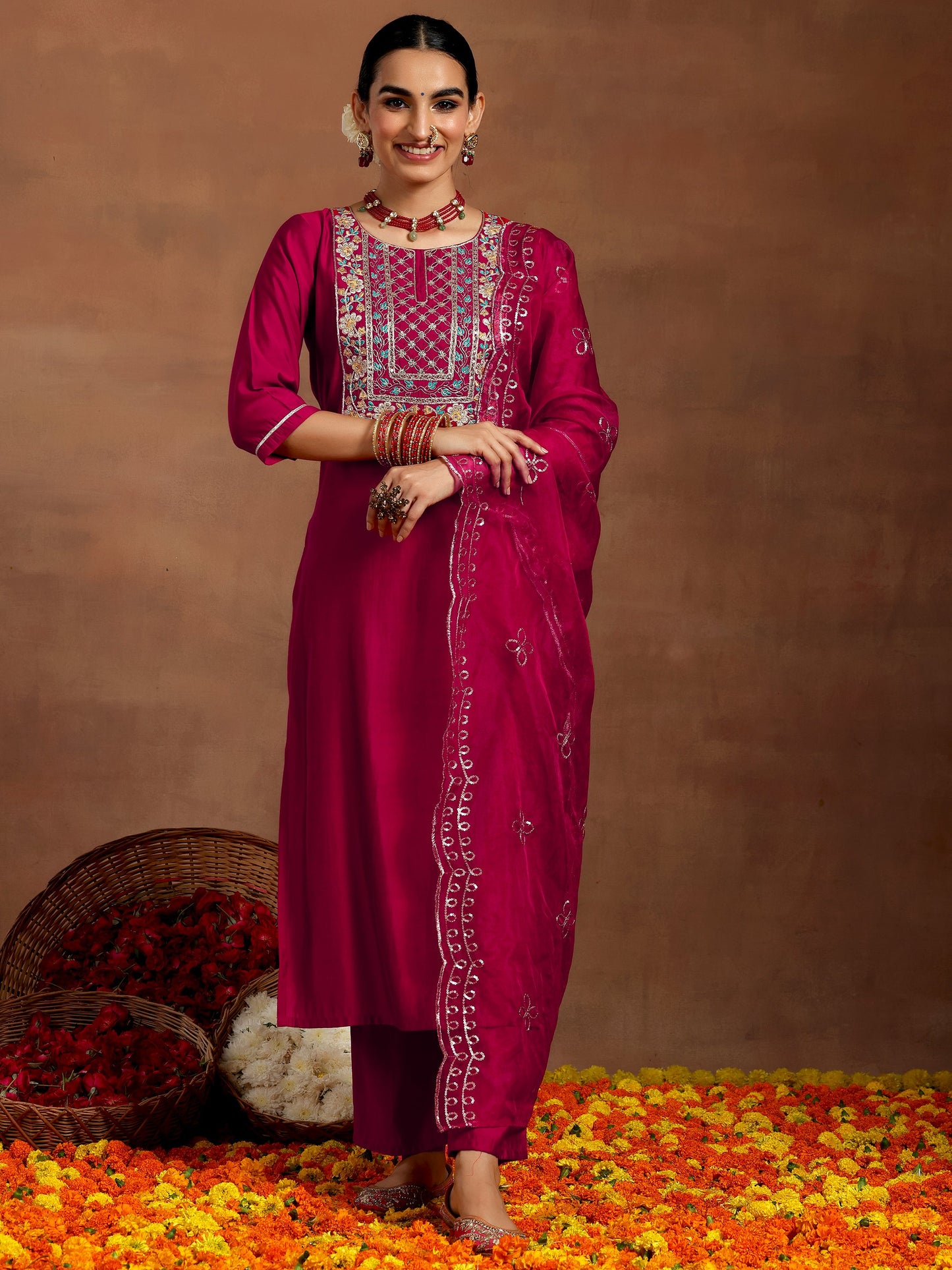 Pink Yoke Design Silk Blend Straight Suit With Dupatta