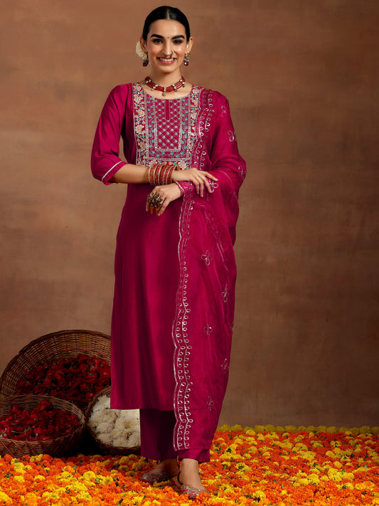 Pink Yoke Design Silk Blend Straight Suit With Dupatta