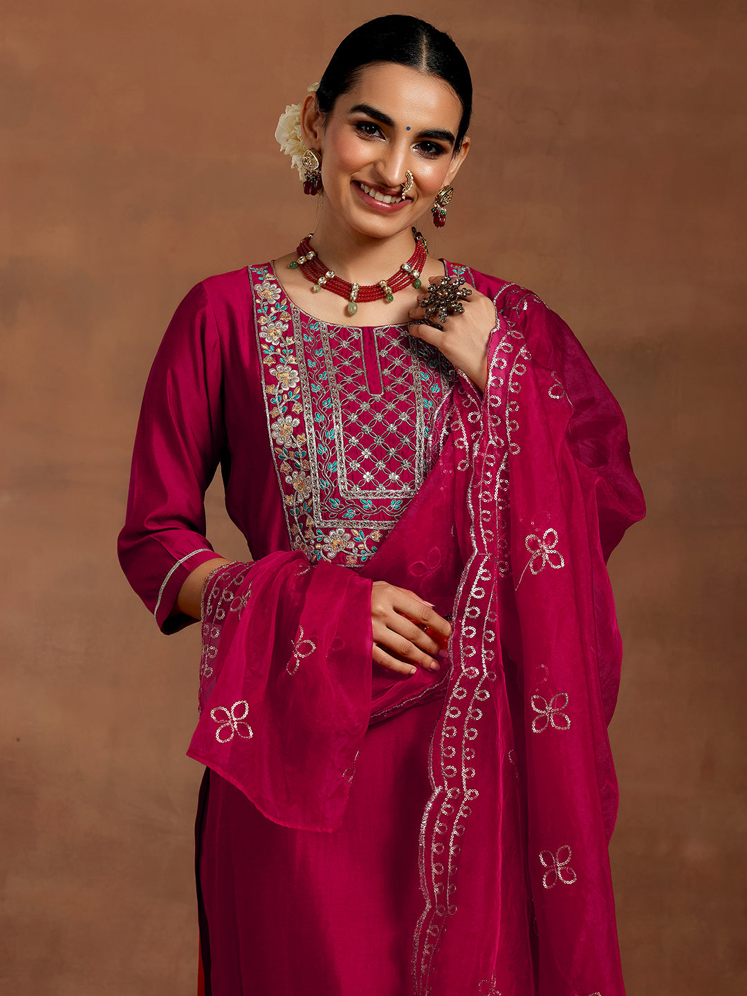 Pink Yoke Design Silk Blend Straight Suit With Dupatta