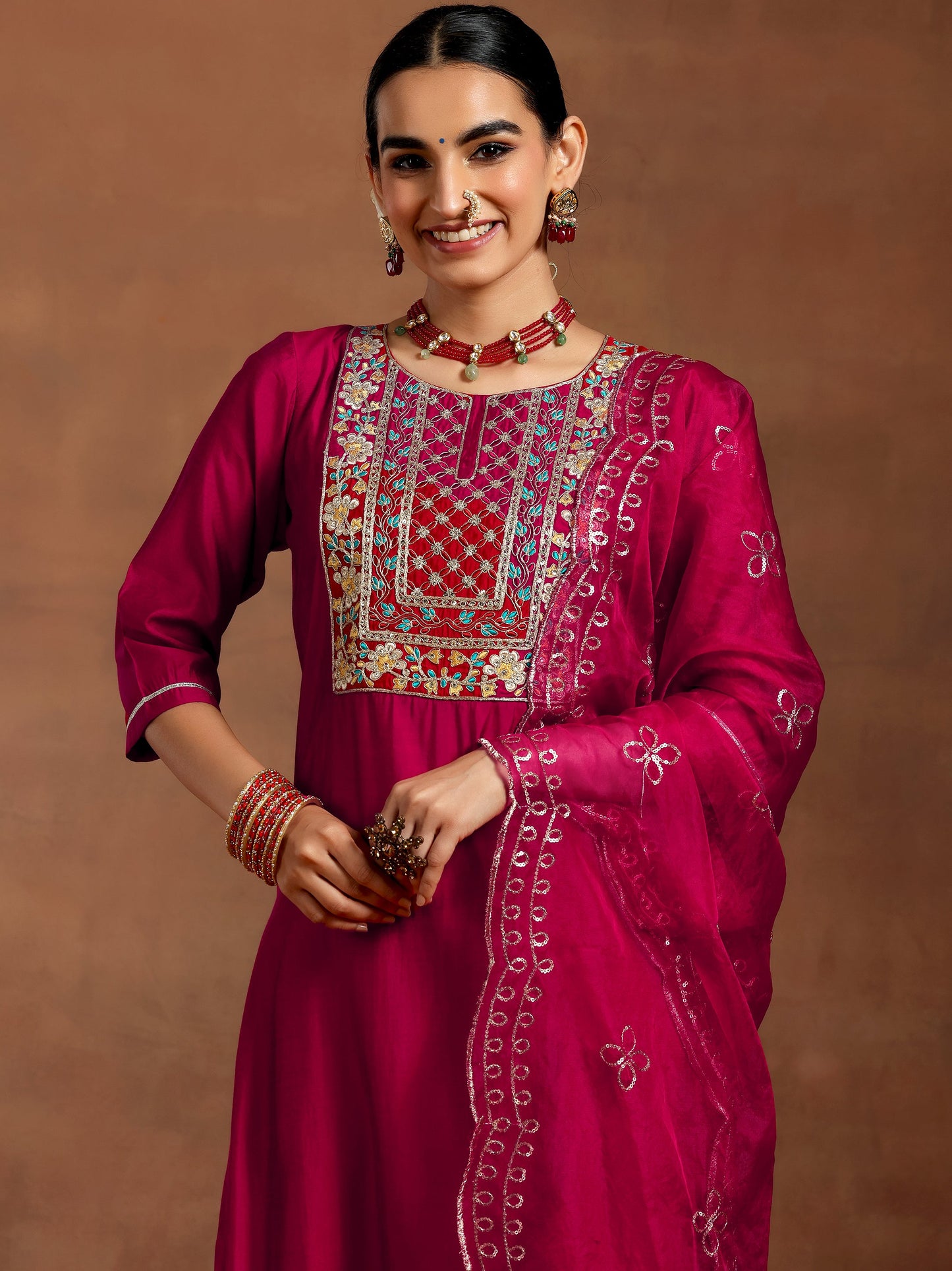 Pink Yoke Design Silk Blend Straight Suit With Dupatta