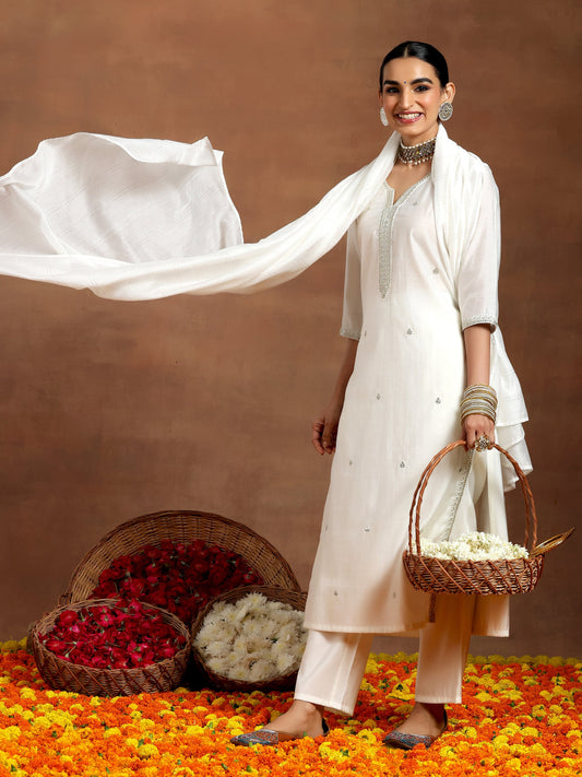 White Embroidered Silk Blend Straight Suit With Dupatta