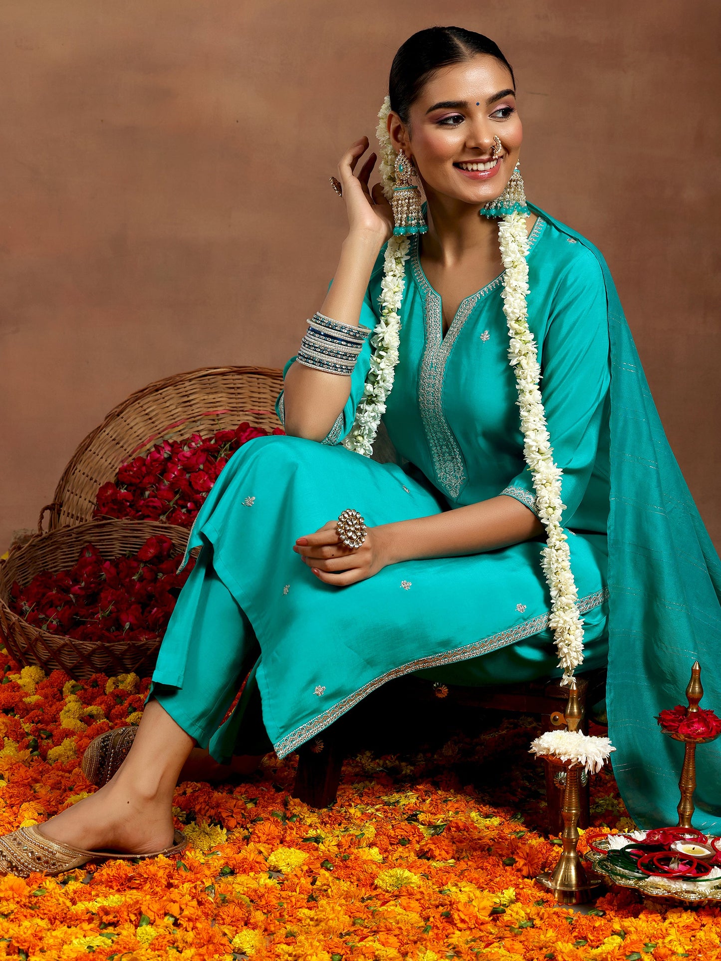 Blue Embroidered Silk Blend Straight Suit With Dupatta