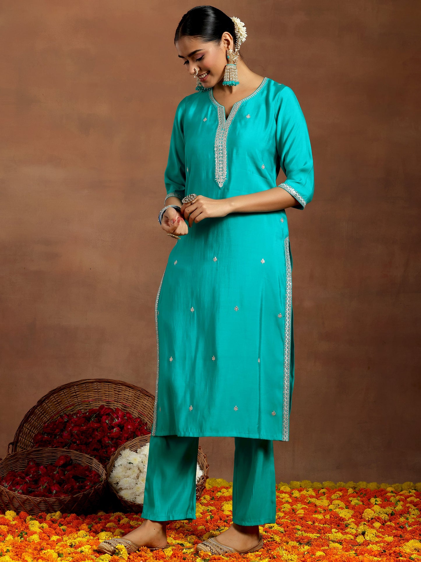 Blue Embroidered Silk Blend Straight Suit With Dupatta