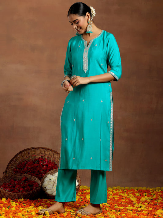 Blue Embroidered Silk Blend Straight Suit With Dupatta