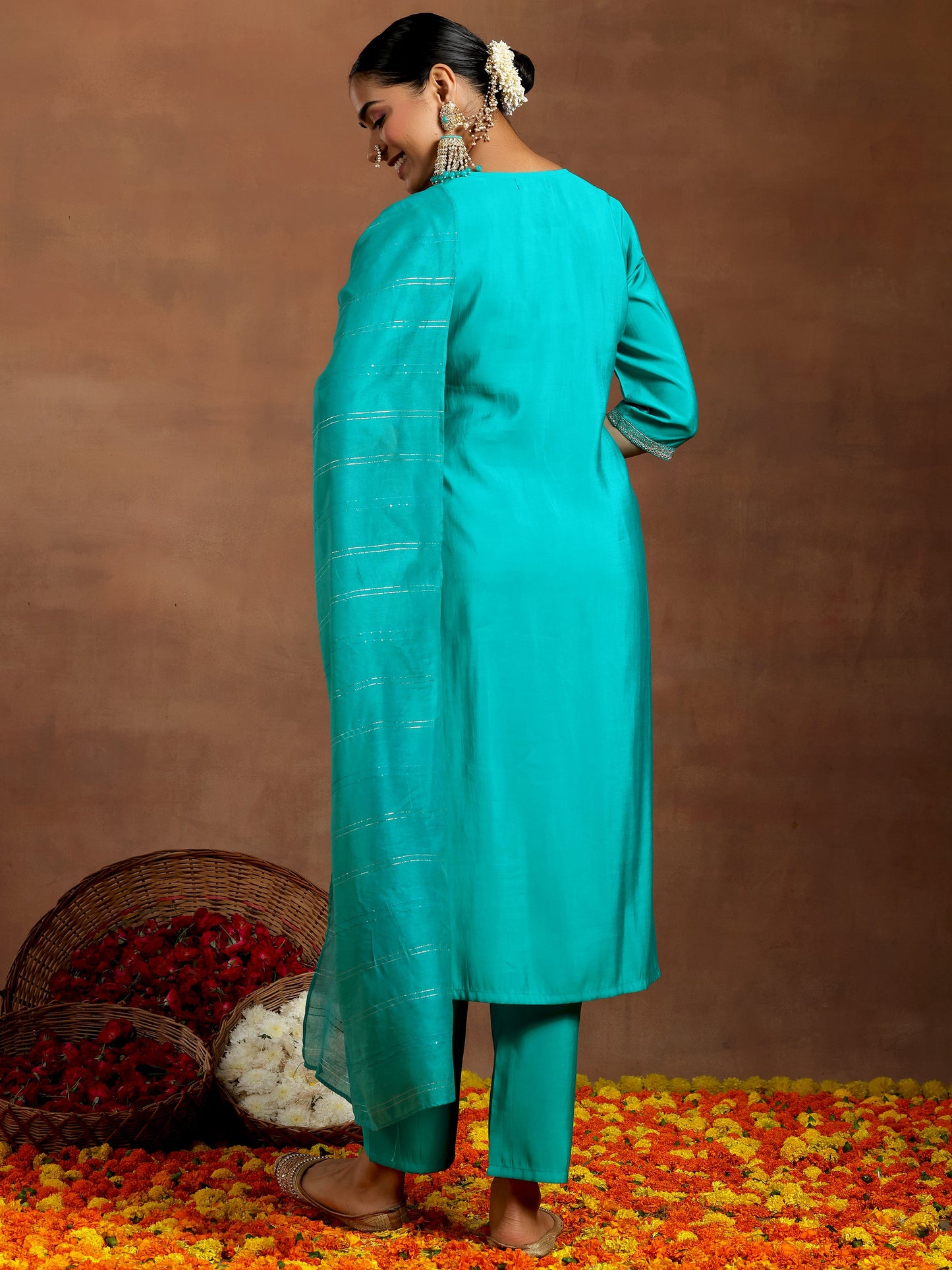 Blue Embroidered Silk Blend Straight Suit With Dupatta