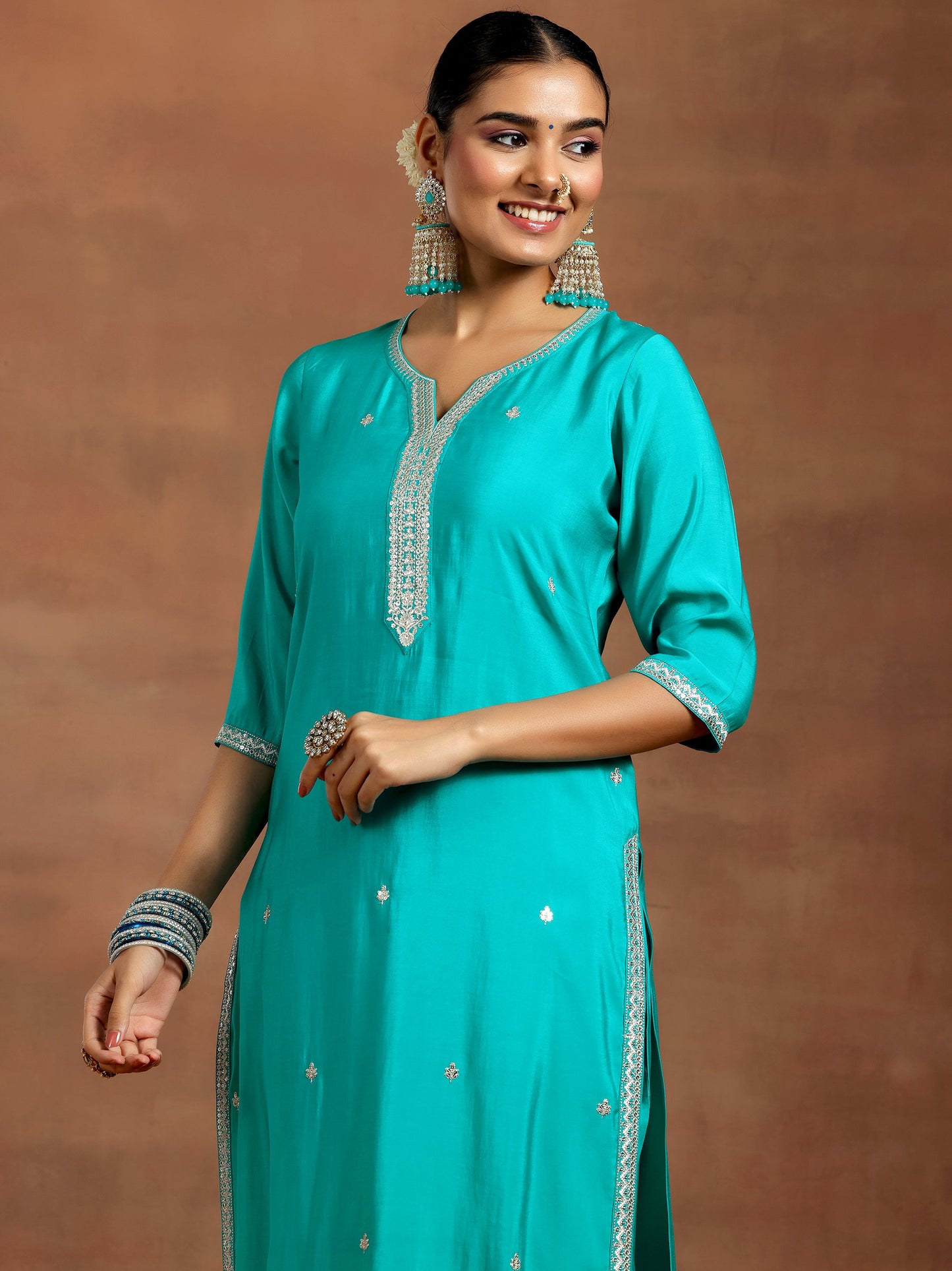 Blue Embroidered Silk Blend Straight Suit With Dupatta