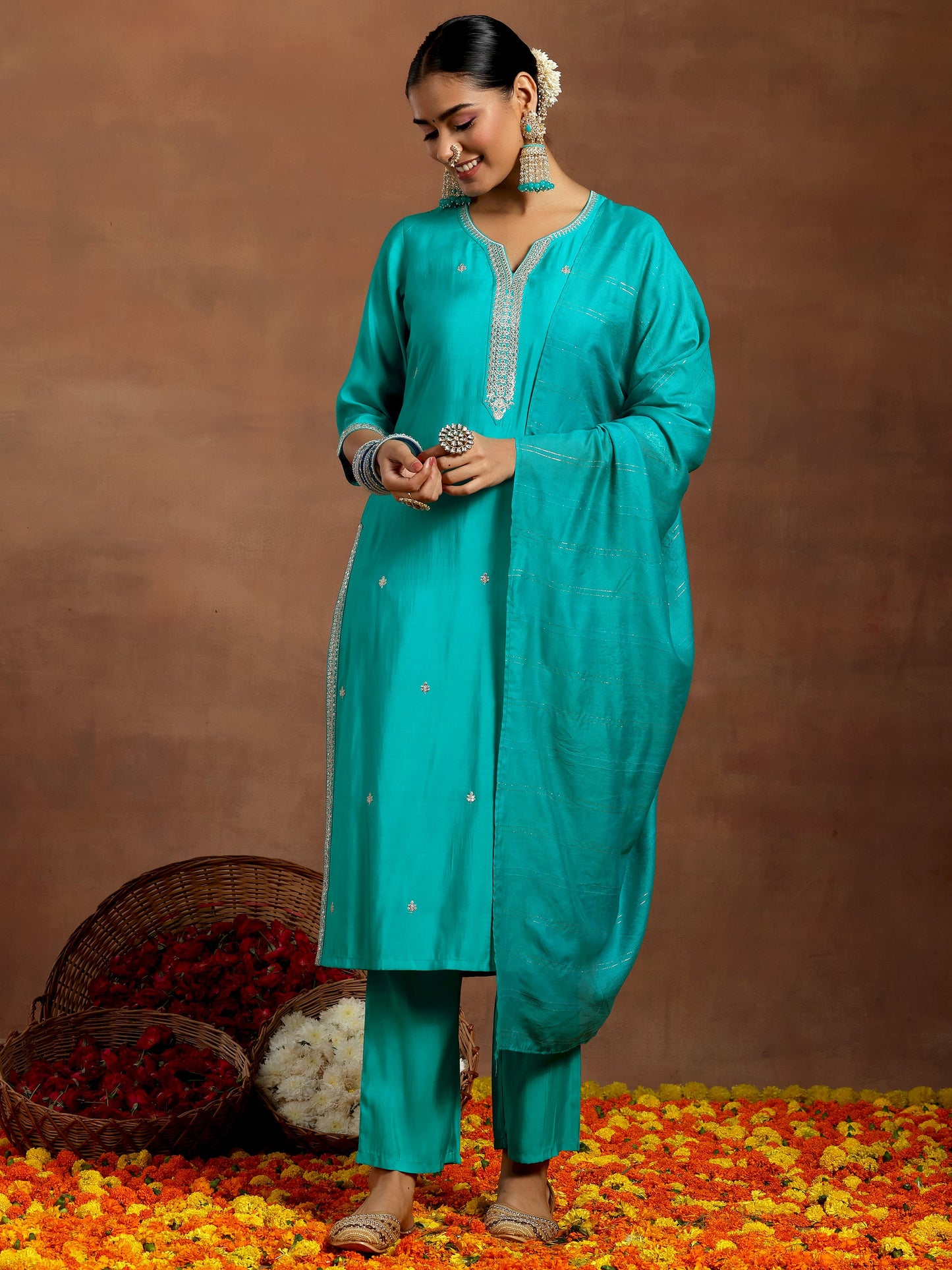 Blue Embroidered Silk Blend Straight Suit With Dupatta