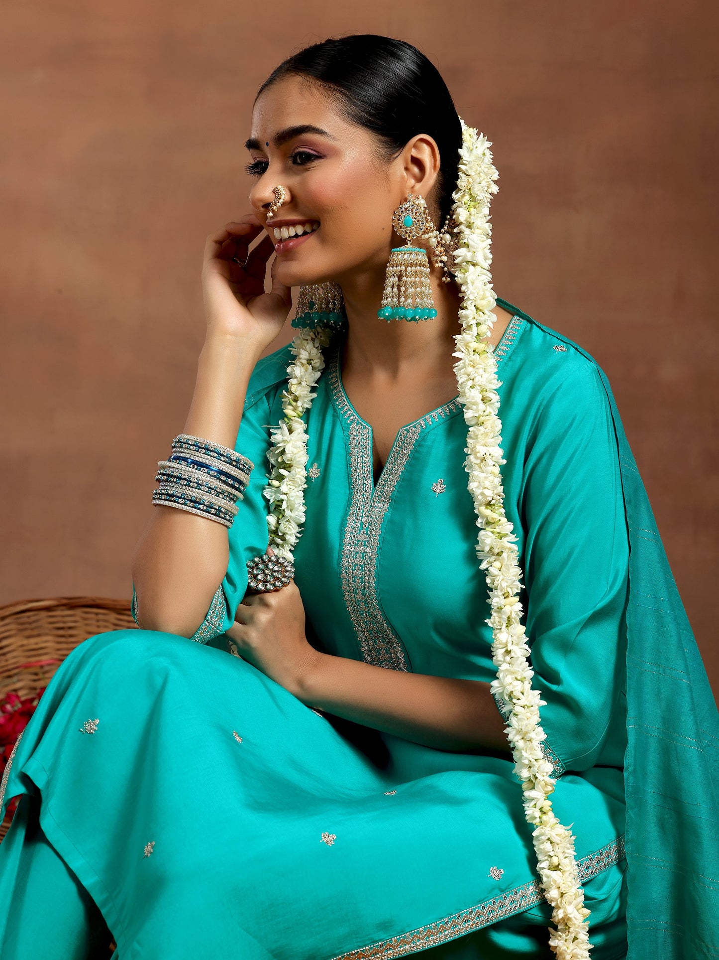 Blue Embroidered Silk Blend Straight Suit With Dupatta