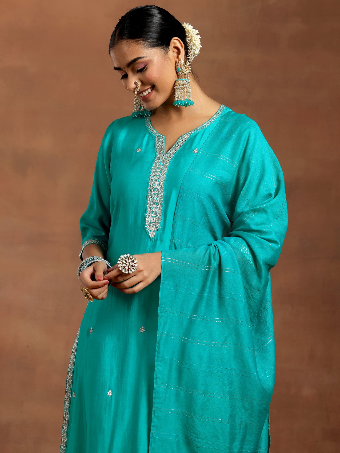 Blue Embroidered Silk Blend Straight Suit With Dupatta