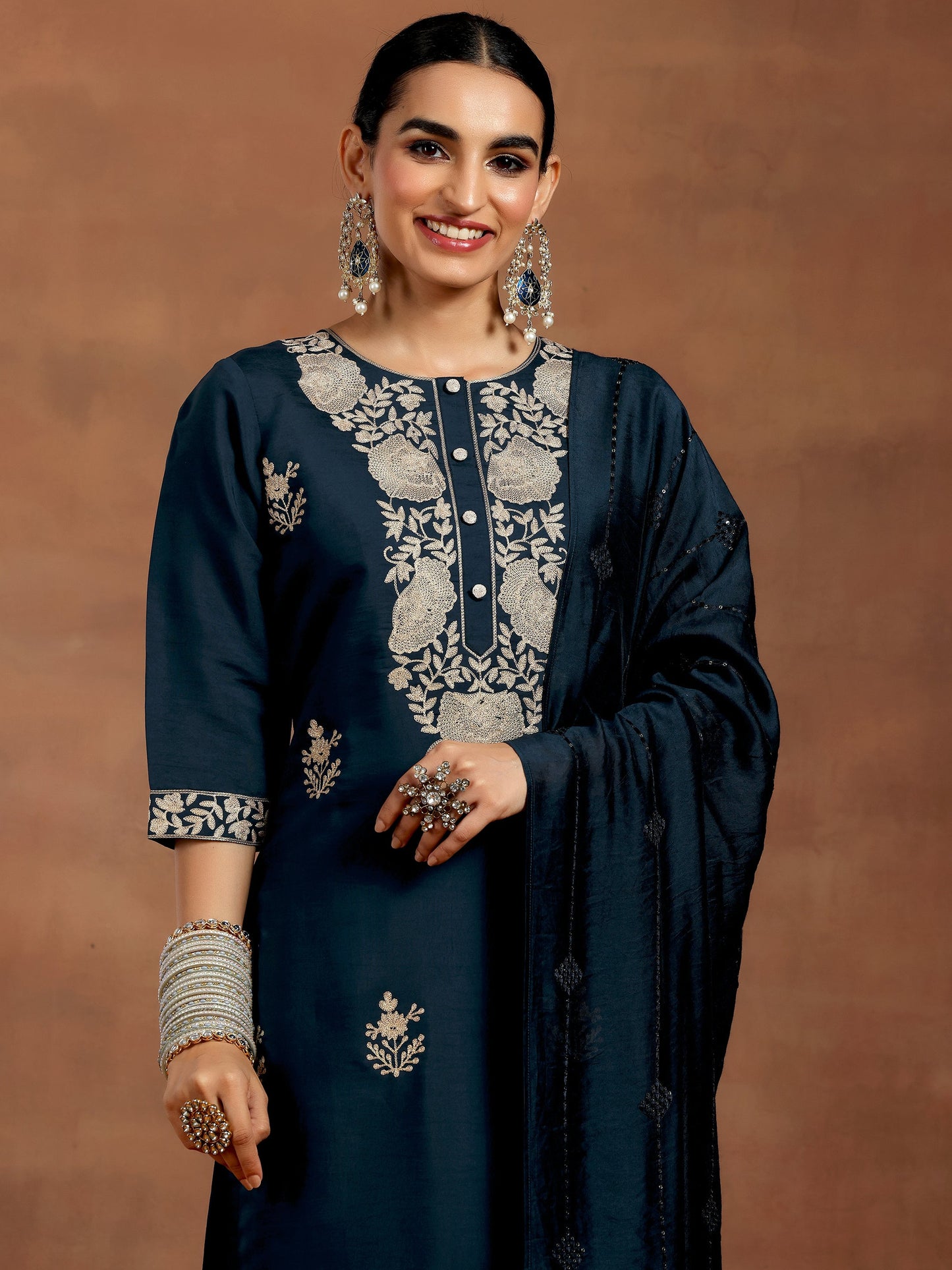 Blue Yoke Design Silk Blend Straight Suit With Dupatta