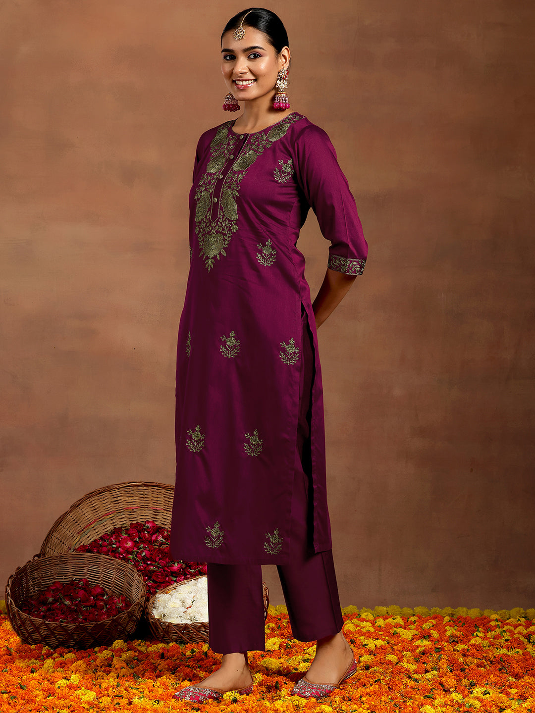 Burgundy Yoke Design Silk Blend Straight Suit With Dupatta