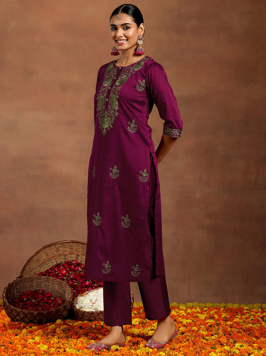 Burgundy Yoke Design Silk Blend Straight Suit With Dupatta