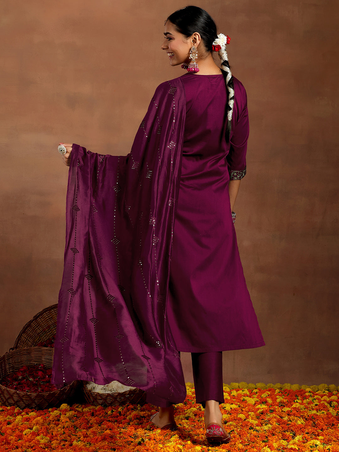 Burgundy Yoke Design Silk Blend Straight Suit With Dupatta