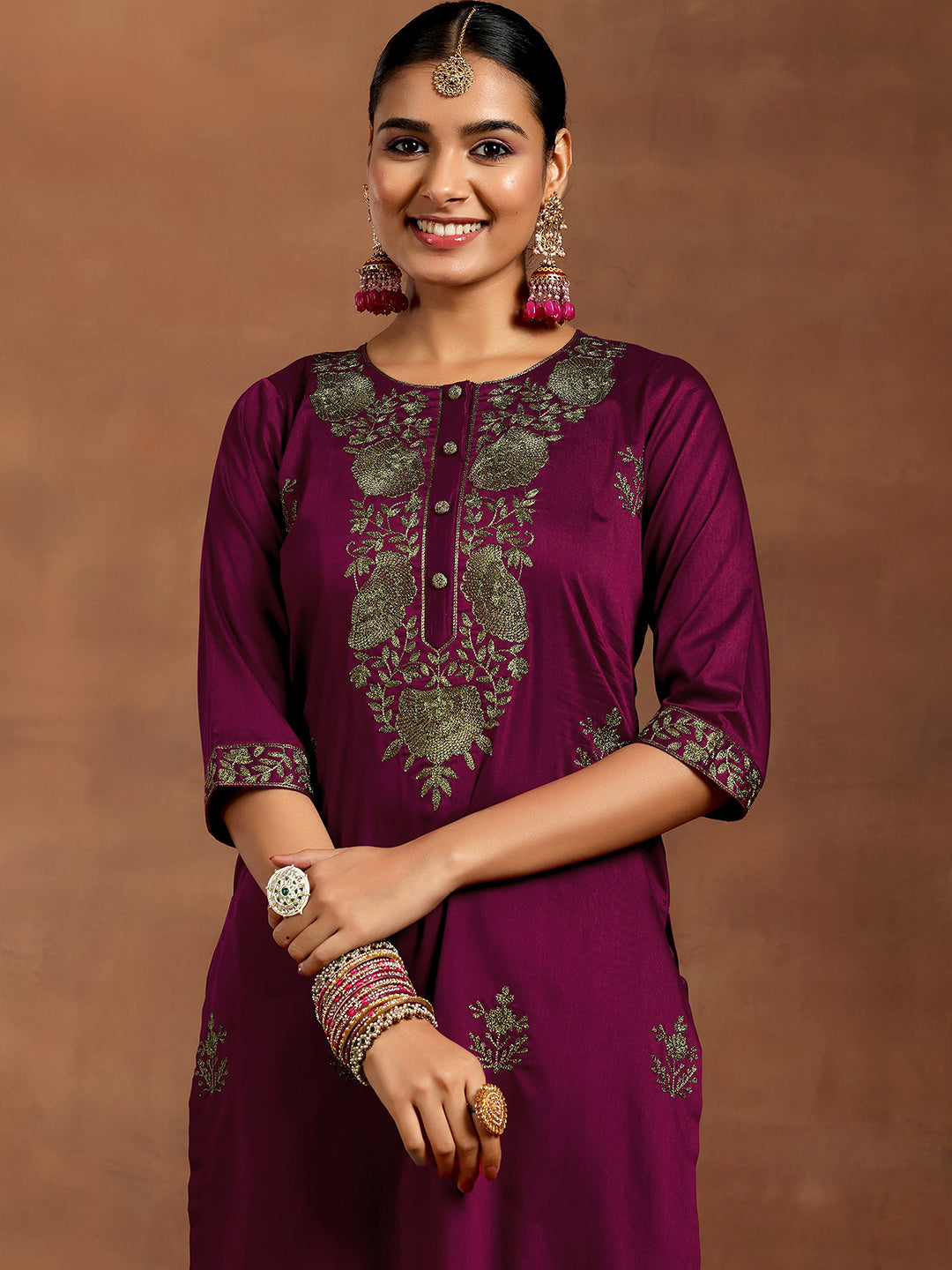 Burgundy Yoke Design Silk Blend Straight Suit With Dupatta