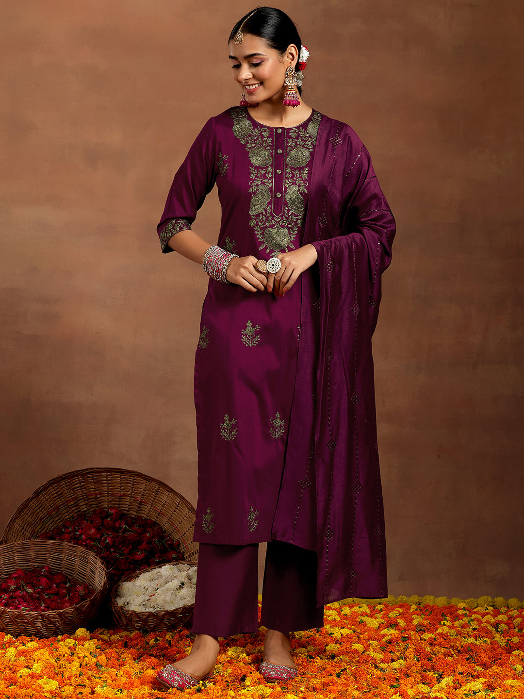 Burgundy Yoke Design Silk Blend Straight Suit With Dupatta