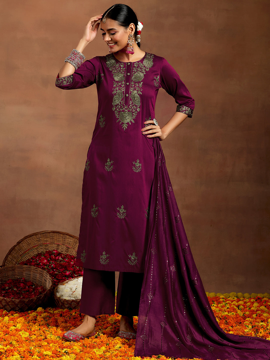 Burgundy Yoke Design Silk Blend Straight Suit With Dupatta