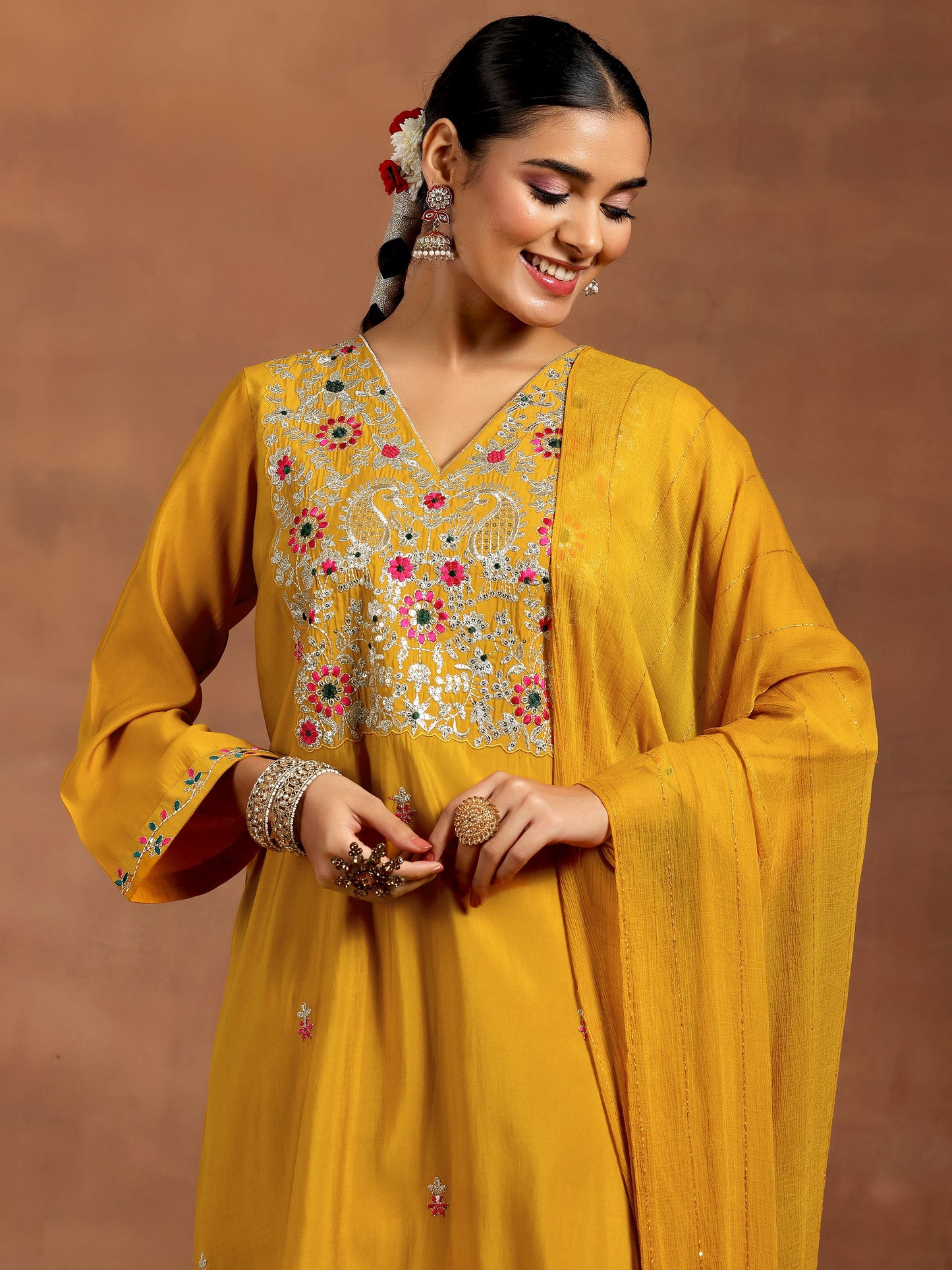 Mustard Embroidered Silk Blend Straight Suit With Dupatta