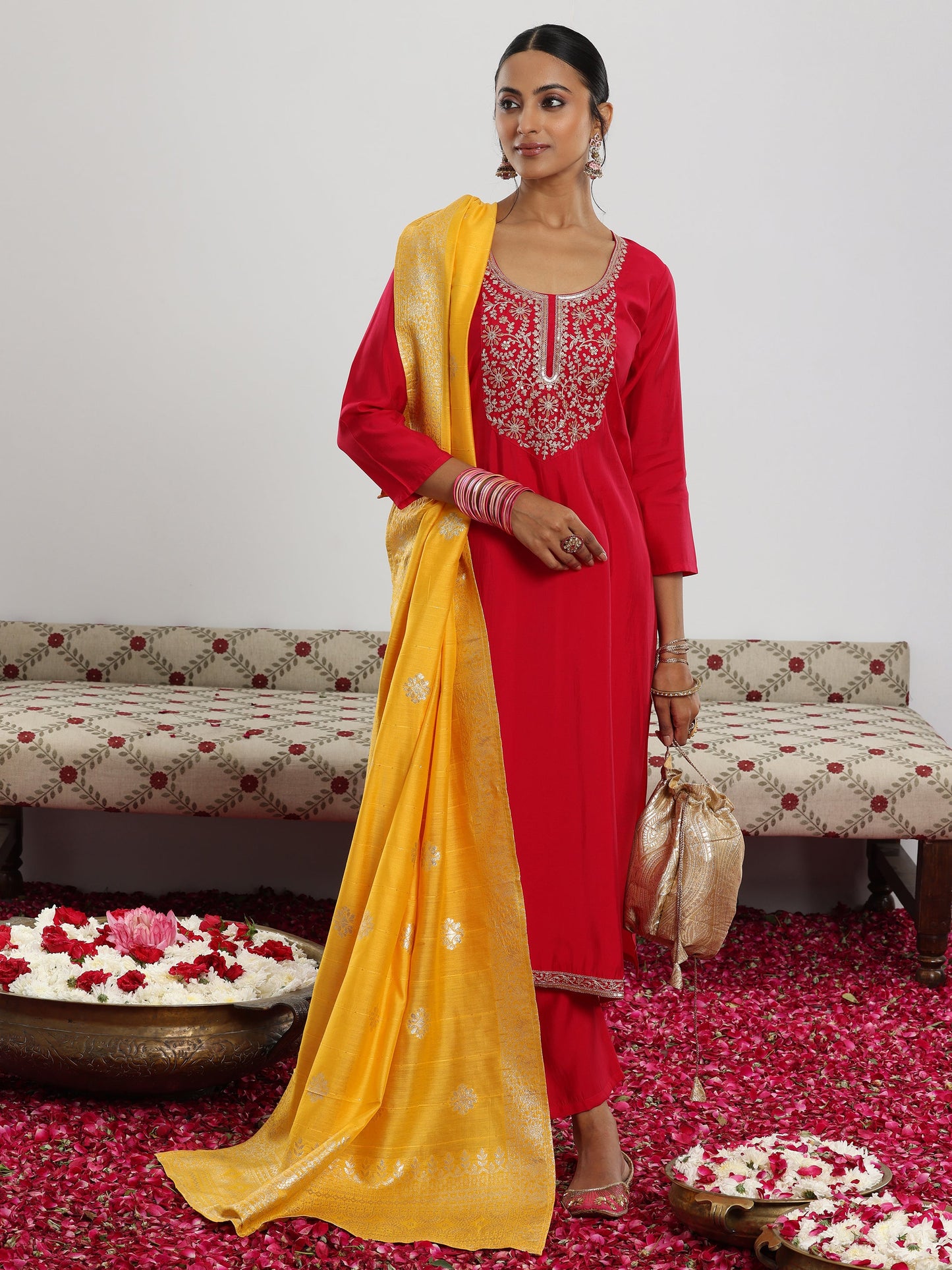 Maroon Yoke Design Silk Blend Straight Suit With Dupatta