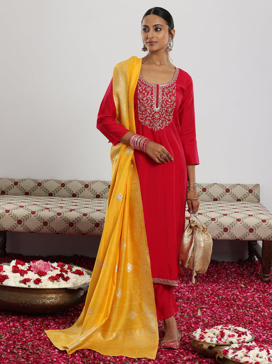 Maroon Yoke Design Silk Blend Straight Suit With Dupatta