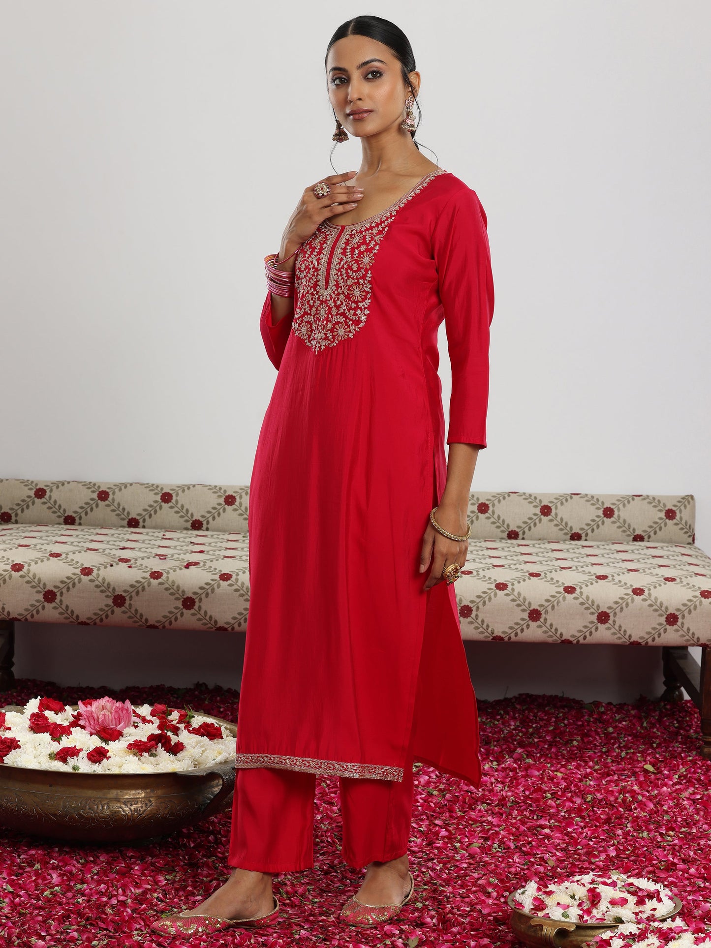 Maroon Yoke Design Silk Blend Straight Suit With Dupatta