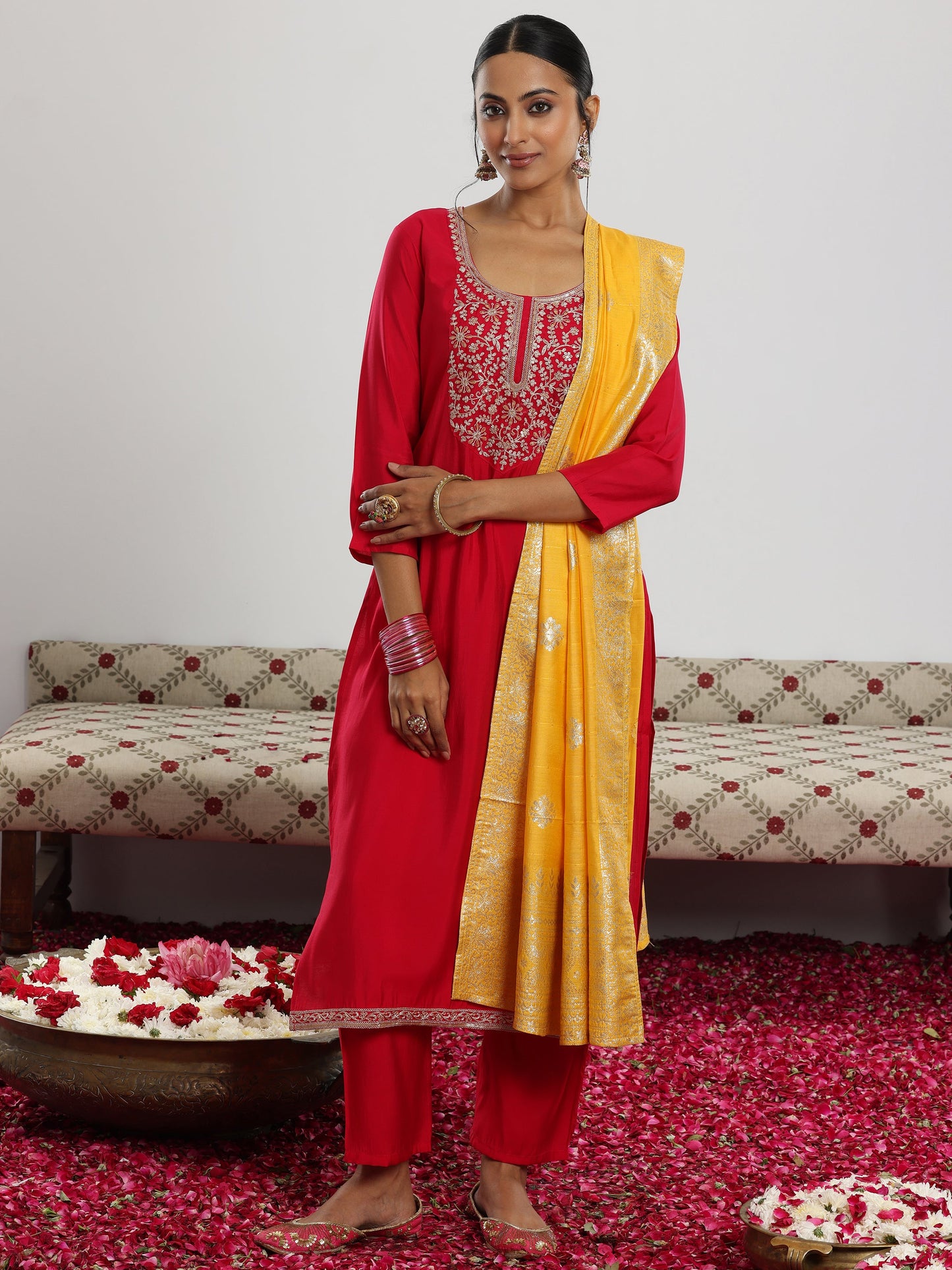 Maroon Yoke Design Silk Blend Straight Suit With Dupatta