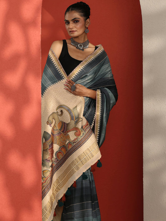 Grey Printed Silk Blend Sarees With Unstitched Blouse Piece