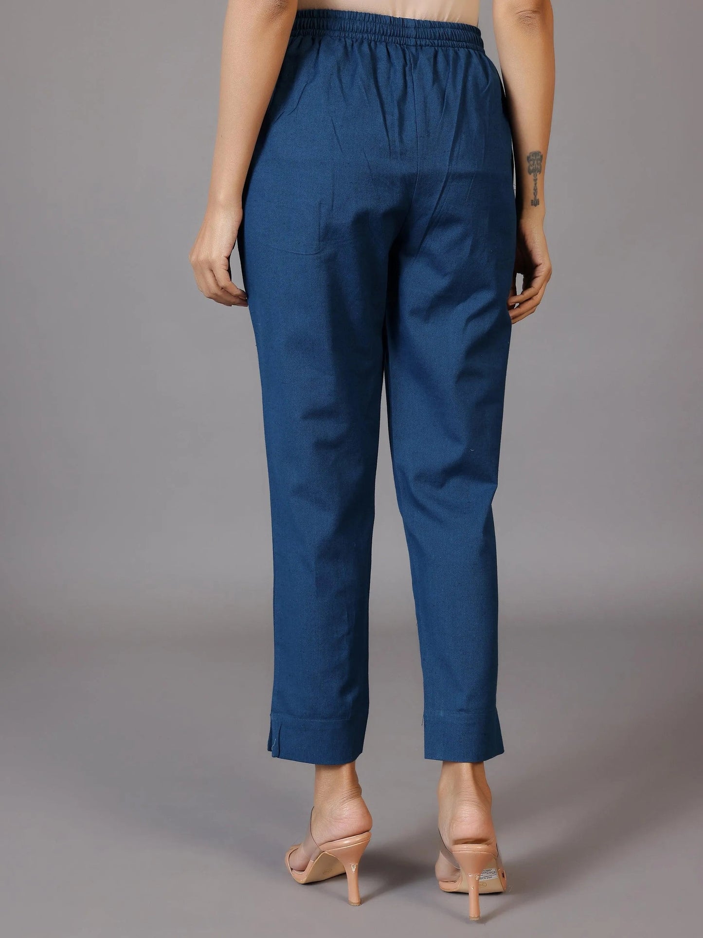 Teal Solid Cotton Trousers