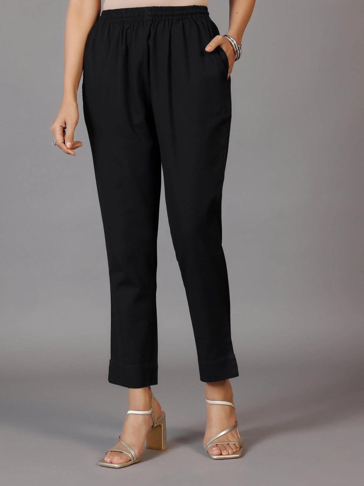 Black Solid Cotton Trousers