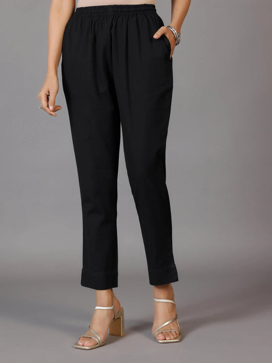 Black Solid Cotton Trousers