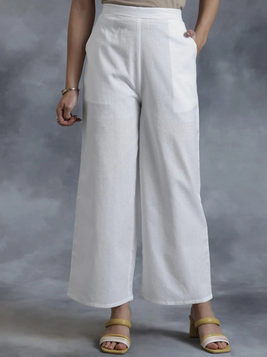 White Solid Cotton Palazzos