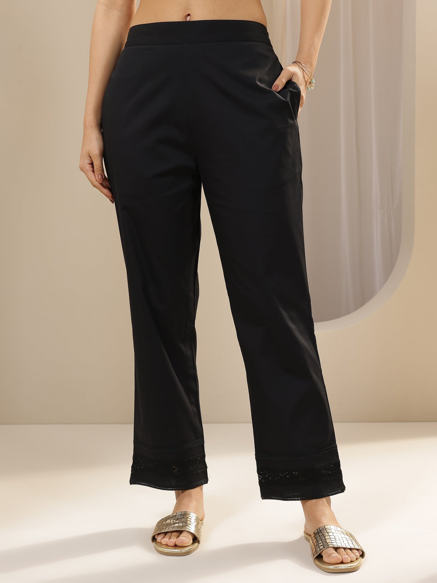 Black Solid Cotton Trousers