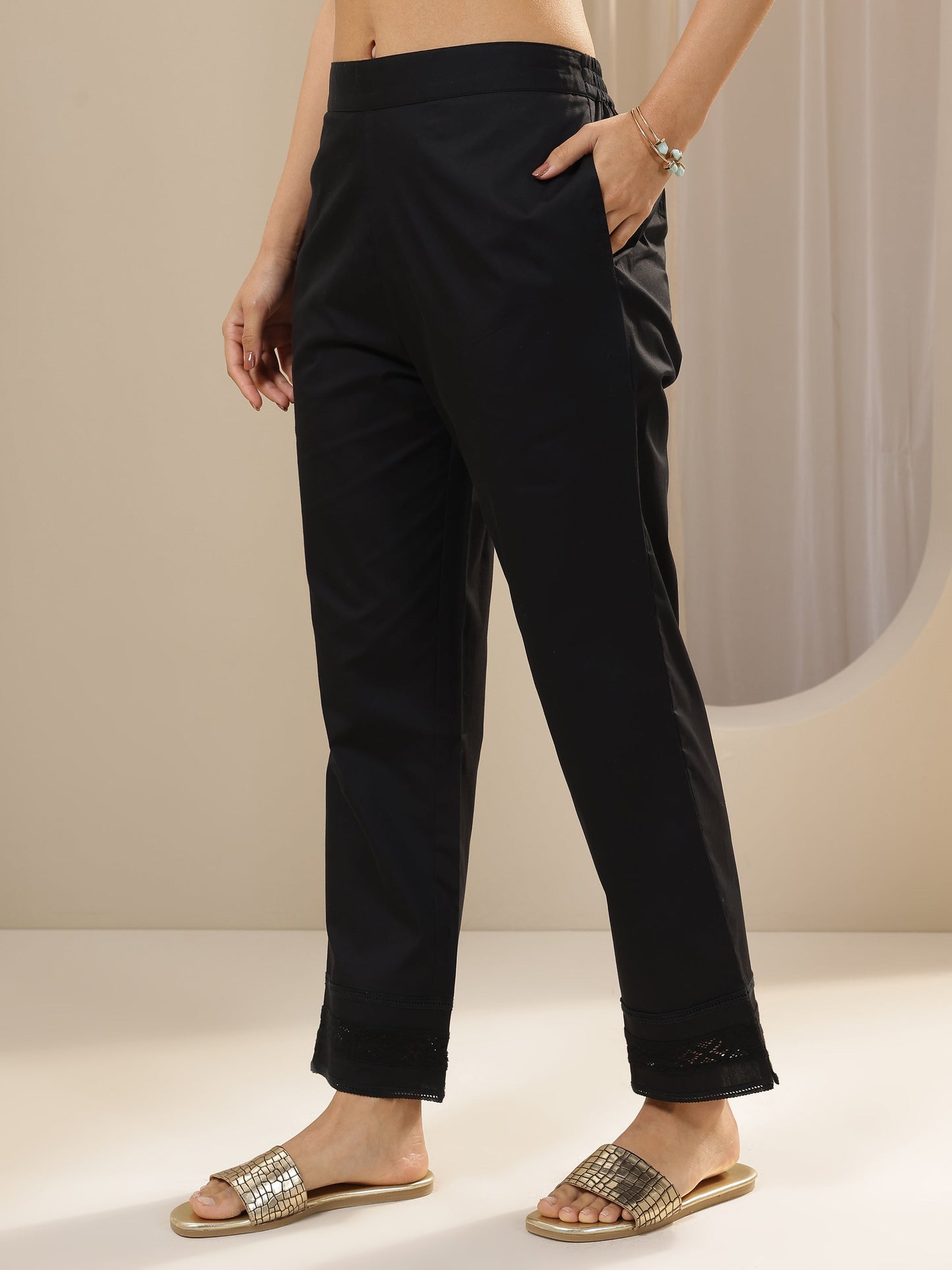 Black Solid Cotton Trousers